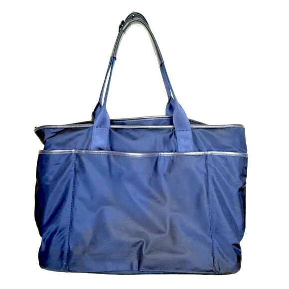 Tumi Nylon Double Leather Handles Zip Top Travel Carry On Tote Bag Womens Blue - Picture 2 of 13